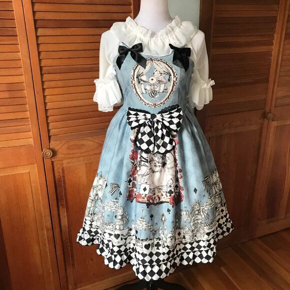 Lolita Alice in Wonderland Tea Party Follow the White Rabbit! Blue White Dress S - Picture 1 of 13